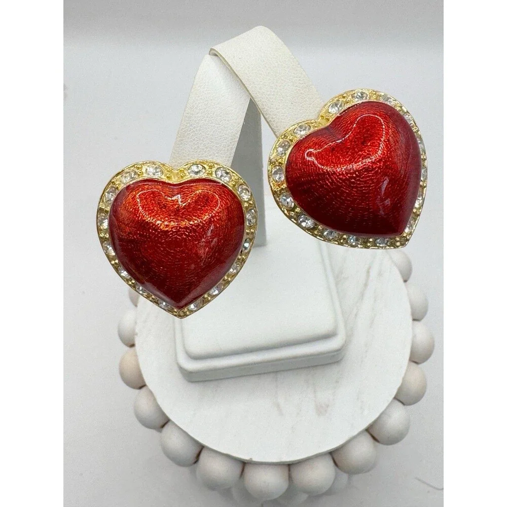 Vintage Victoria's Secret Red Enamel Puff Heart Clip on Earrings Rhinestone